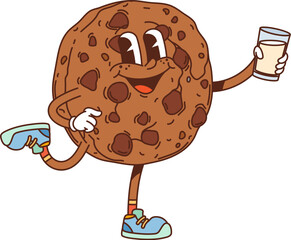 Groovy chocolate cookie dessert character. Breakfast dessert chocolate cookie cartoon isolated vector cheerful personage, cafe sweet pastry meal happy smiling groovy character with glass of milk