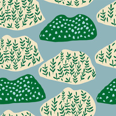 Abstract pattern featuring shapes, dots, and leaves on a pale blue background, resembling artistic mountains. Perfect for modern decor, textiles, wallpapers, and creative design projects. Vector