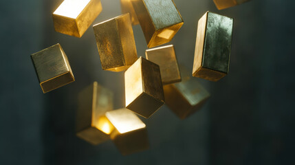 Gold bars floating in the air with a glowing background during a captivating display of wealth and luxury