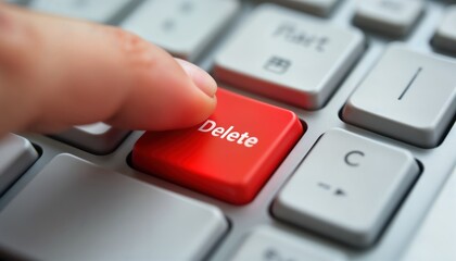 Close-up photo shows finger poised over red delete key. Action data removal erasure. Digital interaction demonstrates urgency, decisiveness. Modern computer keyboard. User ready to press command.