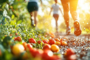 Joggers enjoy an active morning on a sunlit path, with colorful fruits scattered across the ground among lush greenery. Generative AI