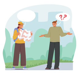 Young traveler asking route but native speaker having troubles in language understanding scene
