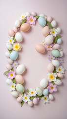 A delicate Easter wreath decorated with pastel flowers and eggs, designed with open space for branding or festive messages