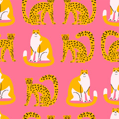 Seamless pattern featuring wild cats like tigers, leopards, and domestic cats on a soft pink background. Perfect for textiles, wallpapers, and creative designs with a playful yet stylish animal theme