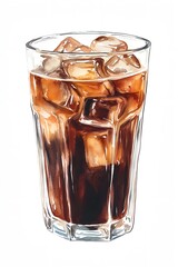 Glass of iced coffee with ice cubes in it