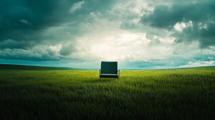 Empty armchair positioned in a serene green field under a cloudy sky during the day