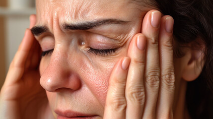 Woman experiencing intense discomfort while holding her face, likely dealing with stress or pain in a cozy indoor setting