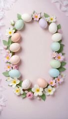 Naklejka premium A delicate Easter wreath decorated with pastel flowers and eggs, designed with open space for branding or festive messages