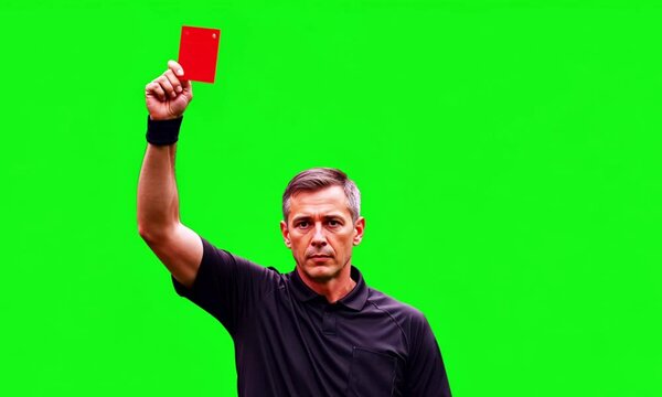 a football referee holding a red card on green screen