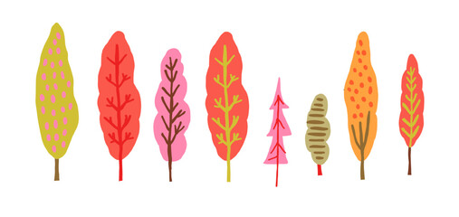 A collection of stylized trees in vibrant autumn colors, creating a horizontal forest scene. Perfect for fall-themed projects, clip art, seasonal designs, and nature-inspired illustration. Vector