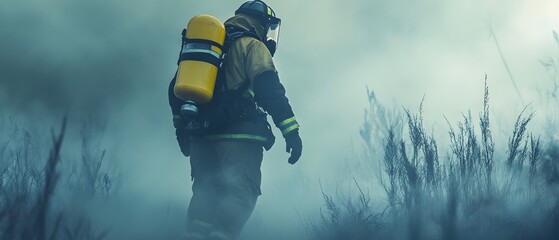 A firefighter equipped with a breathing apparatus walks through smoke, symbolizing bravery and resilience in the face of danger.
