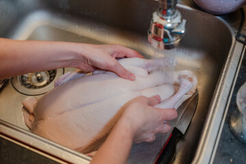 A woman washes chicken meat in a sink. General shot.