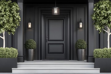 Black front door of modern house with symmetrical trees and potted plants.