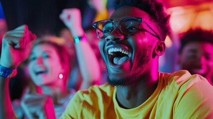 Gamers Celebrating Victory in Neon Lit Esports Arena