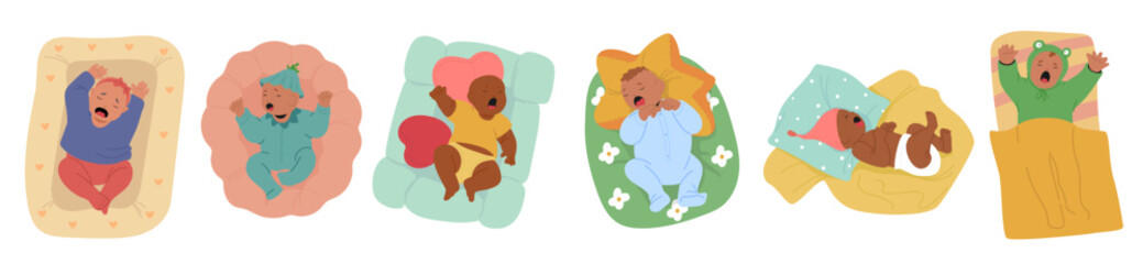 Unhappy newborn baby crying loudly screaming feeling stress or hungry lying in bed top view set