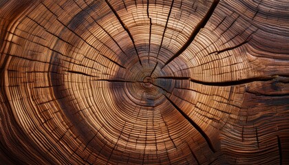 Fototapeta premium Close-up of a tree's cross-section, showcasing intricate growth rings and textures in warm brown tones.