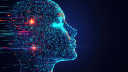 Fototapeta premium A digital human face made of data and binary code, representing AI and futuristic technology. Perfect for tech and innovation themes.