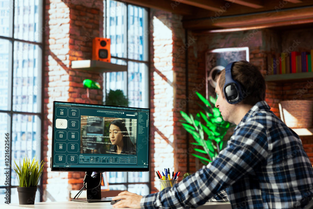 Fototapete Person in home office uses generative artificial intelligence GPT with image understanding capabilities generating videos. Man using AI virtual assistant outputting high resolution lifelike visuals