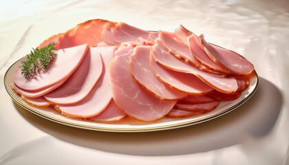 Thinly sliced ham arranged on a plate, garnished with a sprig of herbs.