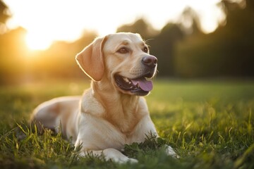 Happy dog enjoying a sunny afternoon in a green field with a warm glow