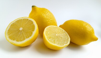 Three bright yellow lemons, one sliced in half, sit on a white background.