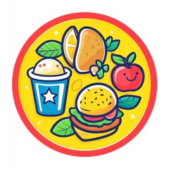 Fototapeta premium Healthy meal burger, ice cream, fruit, potato. Kids menu illustration