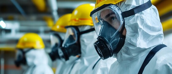 A team of workers in protective gear prepares for an industrial operation, showcasing safety measures and teamwork in the workplace.