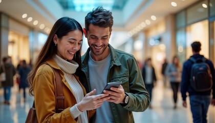 Fototapeta na wymiar Happy young couple looking at phone in mall. Smiling, seem to enjoying shopping experience. Casual clothes. Modern lifestyle. Urban setting. Lots of people around. Couple focused on phone. Together.