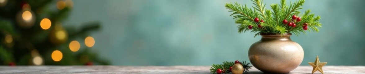 Holiday-themed vase filled with Christmas greenery, evergreen, seasonal