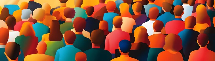 Obraz premium A vibrant crowd of diverse individuals portrayed in colorful abstract art, representing unity in diversity and collective presence.