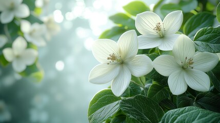 Obraz premium White flowers blooming, sunlit garden, bokeh background, spring card