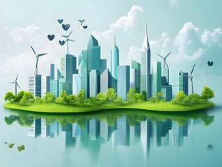 A vibrant, eco-friendly city skyline with wind turbines and lush greenery reflecting in calm waters under a bright sky.