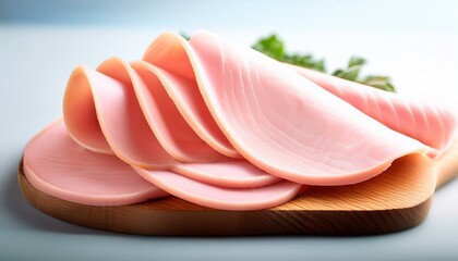Thinly sliced ham on a wooden board.