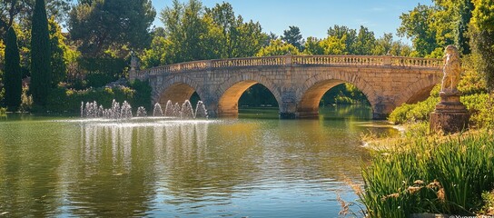 Obraz premium A serene landscape featuring a stone bridge over a calm lake with fountains and lush greenery.