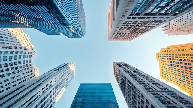 Skyscrapers, city, upward view, sunny sky, urban background