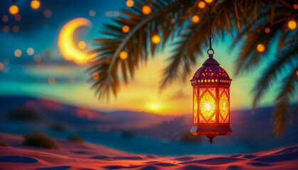 A vibrant Ramadan background with a colorful lantern hanging from a palm tree, casting a warm glow on a sandy desert landscape.