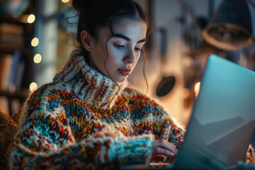 Obraz premium Woman Focused on Laptop Screen Watching Video Tutorial for Learning or Skill Development
