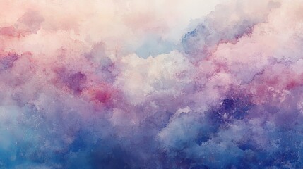 Abstract watercolor background with soft pastel pink, purple, and blue clouds, featuring a grainy texture.