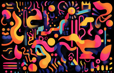 Obraz premium Psychedelic abstract seamless pattern with vibrant geometric shapes and fluid forms on dark background