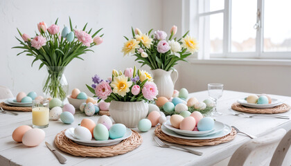 A cozy Easter table setting with pastel eggs and festive decorations with flowers