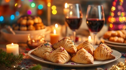festive table setting with plate of triangular pastries in foreground, lit candles, 2 glasses of red wine and blurred other pastries and colorful bokeh lights in background. Purim celebration concept.