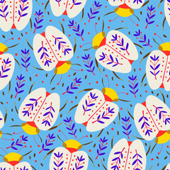 Stylish minimalistic pattern featuring white and yellow bugs with floral elements, complemented by foliage on a blue background. Perfect for textiles, wallpapers, and nature-inspired creative projects