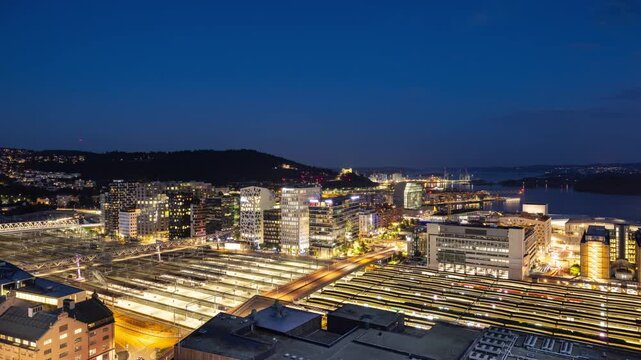 Night Time Lapse of downtown Oslo Norway.