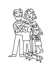 Outline illustration of a happy family with a mother, father, and two daughters hugging together, accompanied by a joyful cat. Perfect for childrens books, family-themed designs, and heartwarming pro