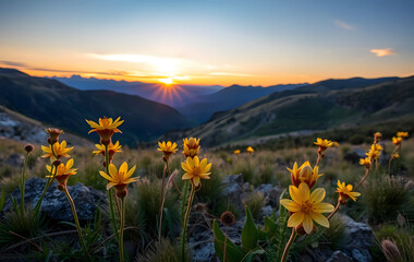 Scenic image of Mule Ear wildflowers at sunrise in the Wasatch mountains of northern Utah