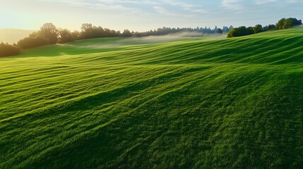 Fototapeta premium Serene sunrise over lush green fields rural landscape photography nature aerial view