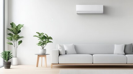Fototapeta premium Modern Living Room Interior with Cozy Sofa, Air Conditioner, and Indoor Plants in Minimalist Style