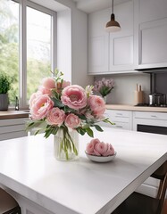 Rosa Blumenstrauß in einer modernen, weißen Küche