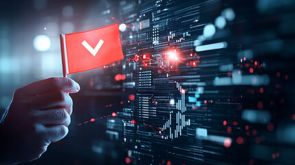 Hand Holding Red Checkmark Flag Against Digital Code Background