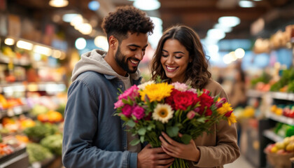 Couple in Love at the Market, Sharing a Bouquet of Flowers